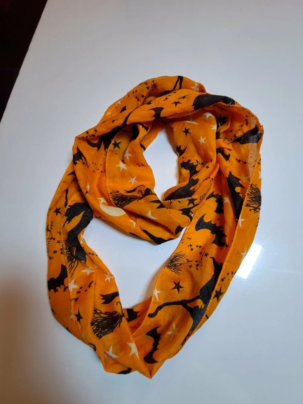 Halloween Orange Scarf Witches Bats Moon Stars Spooky Print